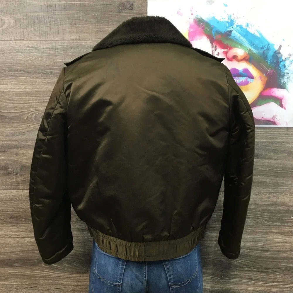 Vintage Tuffy Mens Bomber Flight Jacket Olive Brown Faux‎ Fur Collar Quilted 44